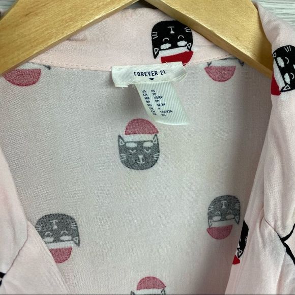 Forever21 Pink Pajama Button Up Pink Cat Top - Picture 6 of 7